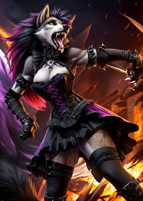 ((best quality, masterpiece, 4k, 8k, high res)), ((Solo)), ((vicious, extremely violent, attacking, fighting)), ((furry; Anthro Wolf)), moist, brunette, attacking, ferocious, fangs, full body, female werewolf, sexy, vibrant colors, (edgy punk hairstyle), k...