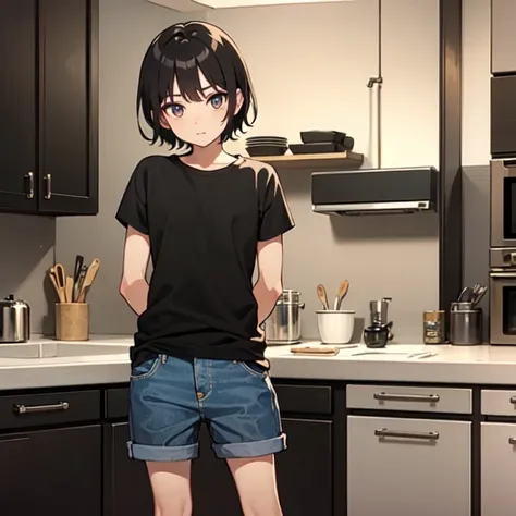 masterpiece, best quality, 1boy, solo, child, straight hair, dark hair, dark eyes, black t-shirt, shorts, denim, standing, arms at sides, looking at viewer, confused, kitchen