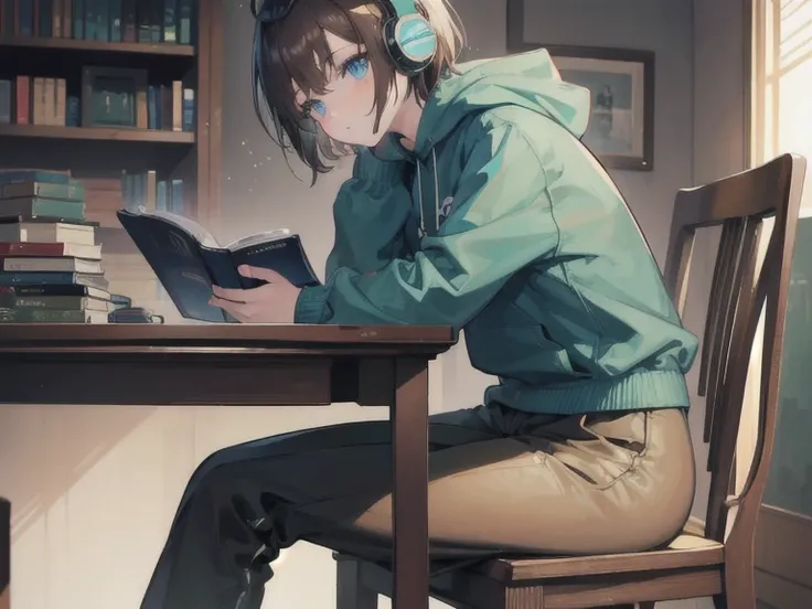 Masterpiece, best quality, 1 girl, brown short hair, blue eyes, wear green hoodie and black pants, sitting on a chair, lofi girl, lofi hip hop, in the table, headphones on her head, reading a book