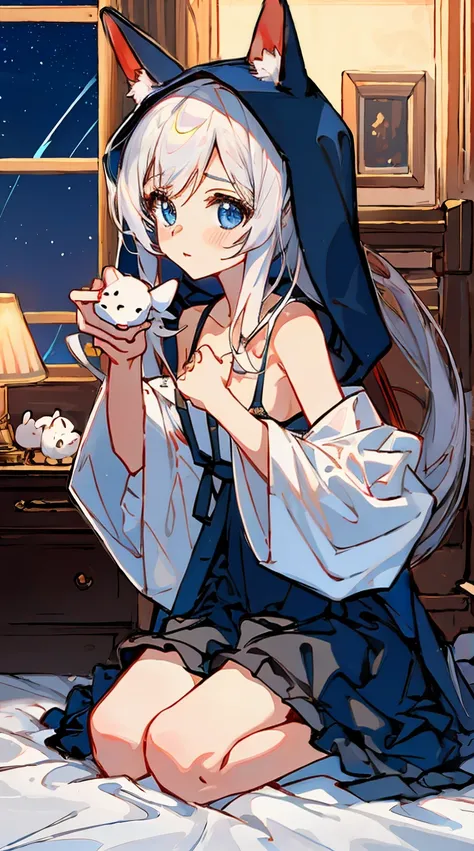 (NSFW:0.9),(little girl:1.4), solo, full body, sitting, dynamic angle, white hair, flat chest, frilled, 3yo, brown hair, long hair, night, starry sky, dark, sleepy, want to sleep, animal ears hood, holding stuffed hamster, covered breasts,shy, blush,A youn...