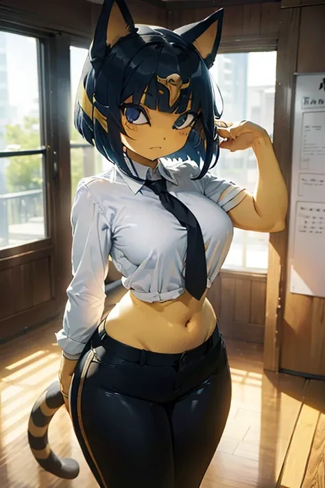 ankha, anime style, catgirl, cat ears, yellow fur, blue hair, blue cat tail, yellow stripes tail, shorts hair, wide hips, thick thighs, huge round ass, medium breast, business suit, formal suit, white shirt, long sleeve black formal suit, black necktie, bl...