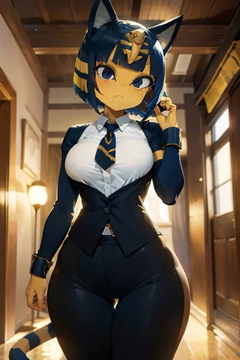 ankha, anime style, catgirl, cat ears, yellow fur, blue hair, blue cat tail, yellow stripes tail, shorts hair, wide hips, thick thighs, huge round ass, medium breast, business suit, formal suit, white shirt, long sleeve black formal suit, black necktie, bl...