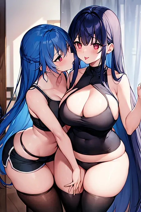 2girls, blue hair, dark blue hair, long hair, red eyes, long hair, breasts, large breasts, wide hips, thick thighs, sports bra, black sports bra, shorts, thighhighs, kissing, kiss, french kiss, yuri, tongue