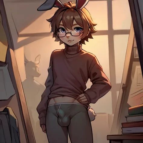 Bunny boy wearing glasses boxer penis outline long sleeve shirt