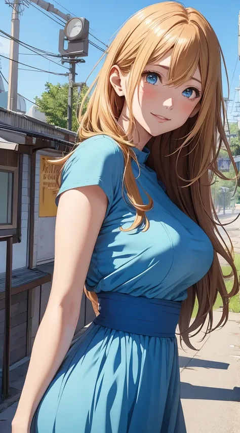 High resolution 8K, NSFW, Anime style, Film Portrait Photography, (((1woman))), big breasts, smile, Golden hair, Long hair, Blue eyes, Wearing a light blue dress, dynamic angle, dynamic pose, slender face, Beautiful Women, Sexy Women, (((Blue eyes, Long ha...