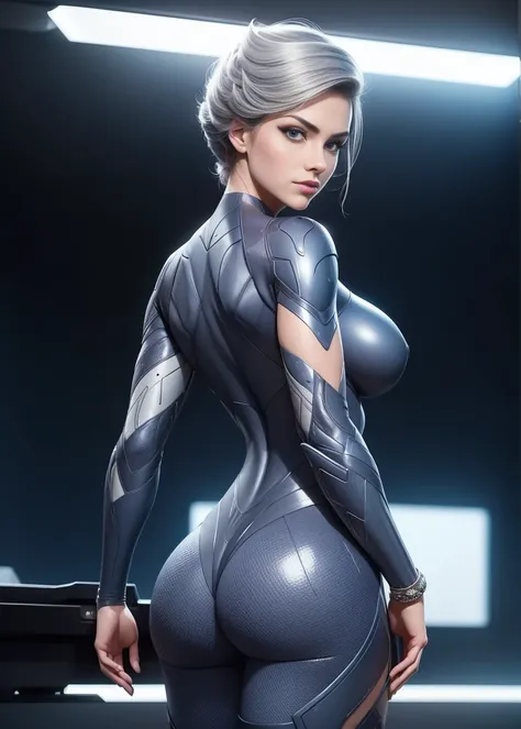 cartoon,(best quality:1.15), (masterpiece:1.17), (detailed:1.15),
SteelHeartQuiron character, Steelheart from silverhawks 80s tv show, show off her back muscles,  also flexing left arm, all her body covered by silver except for her face, hair are short and...