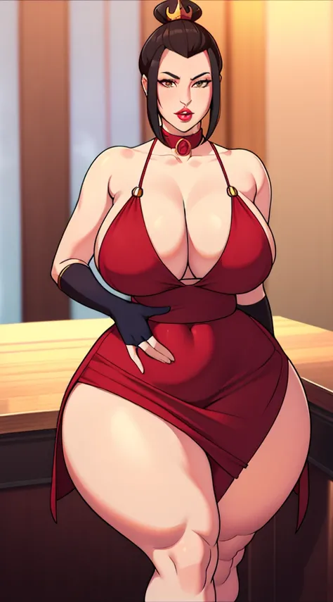 Azula. small breasts. huge hips. collar. floral wedding dress. upskirt. stocklings. gloves. bar. (Very High Definition. 8K). realistic style, massive breasts, massive ass, massive thighs, full lips