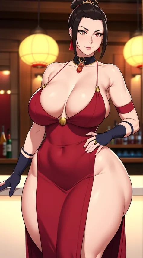 Azula. small saggy breasts. huge hips. collar. floral wedding dress. upskirt. stocklings. gloves. bar. (Very High Definition. 8K). realistic style, massive breasts, massive ass, massive thighs