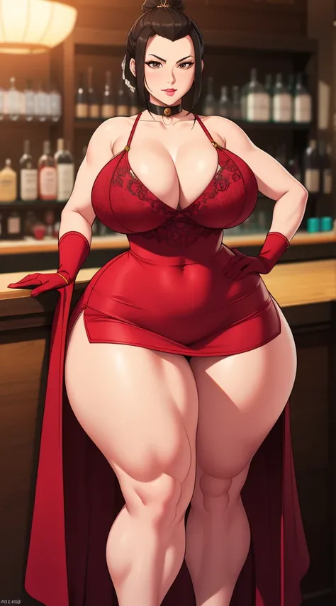 Azula. small saggy breasts. huge hips. collar. floral wedding dress. upskirt. stocklings. gloves. bar. (Very High Definition. 8K). realistic style, massive breasts, massive ass, massive thighs