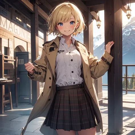 Masterpiece, 1 girl, smiling, trench coat, skirt, (small) chillerism, short blonde hair, Banff canada