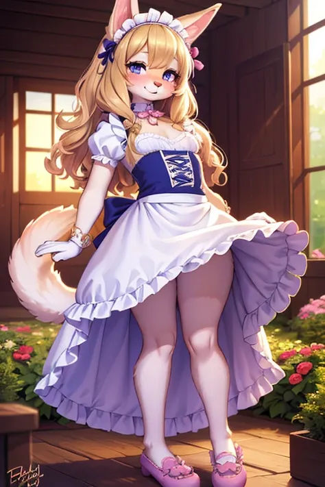 (Furry,Dog girl,Hairy girl in maid costume),(Best quality,A high resolution,Ultra-detailed,Realistic:1.37),Beautiful detailed eyes,beautiful detailed lips,Extremely detailed eyes and face,long eyelasher,with its soft fur,Blonde hair,Natural sunlight,Flower...