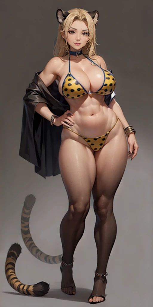 full body barefoot, perfect hair, perfect body, looking at the viewer, standing, posing, mature female, very grey skin, muscular body, female oni, big breast, black chocker, slave chains, (((grey skin))), (detailed yellow bikini with tiger dots)