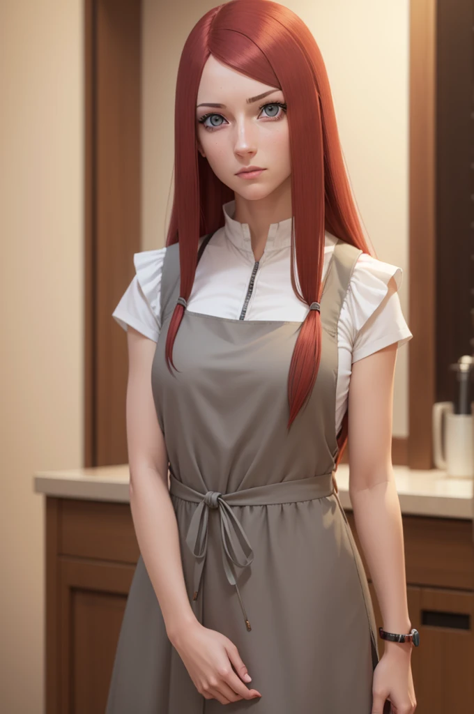 kushina, kushina, long hair, hair ornament, red hair,  red head, hairclip, (grey eyes:1.5),
BREAK shirt, dress, jewelry, white shirt, short sleeves, apron, bracelet, green apron, collar,
BREAK looking at viewer, upper body, full body, cowboy shot,
BREAK in...