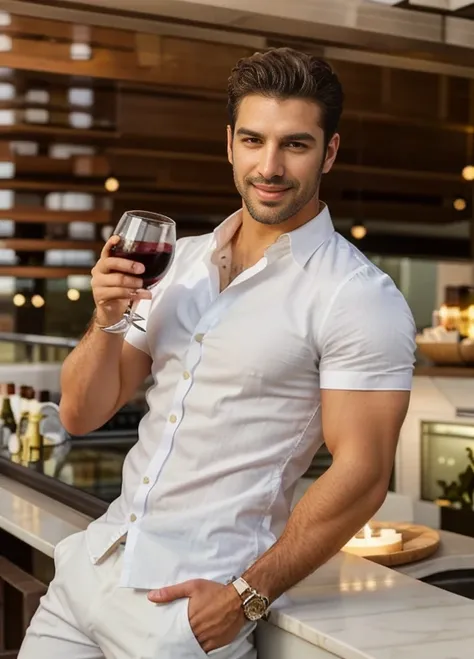 a man in a white shirt holding a glass of wine, attractive male, with a drink, attractive man, commercial photo, man drinking beer, male model, enjoying a glass of wine, handsome man, the greek god of wine, holding a drink, holding a glass of wine, holding...