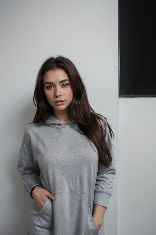 ((best quality)), ((masterpiece)), (detailed), perfect face realistic photo of beautiful woman with long dark brown hair, Russian, influencer, light freckles, dark brown eyes, big lips, no makeup, instagram, standing next to black wall, wearing sexy oversi...