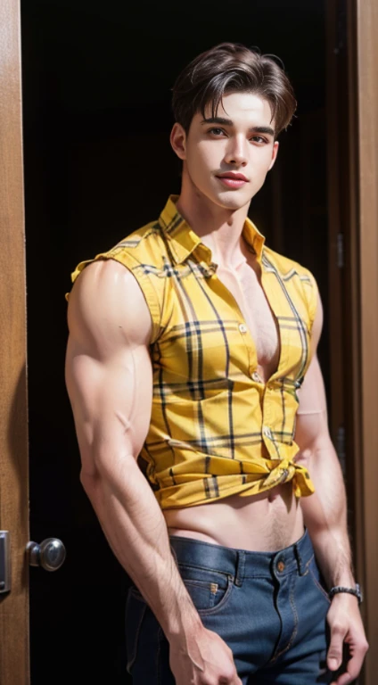 (((Men only))), ((head shot)), (Pietro Boselli), (((wearing yellow tartan check clothes))), ((Handsome muscular man with 20ig smile), (detaile: 1 in 1), Natural muscles, HIG quality, beautidful eyes, (Detailed face and iace、: 1 / 2), Noise, Real Photograph...