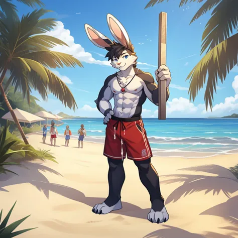 single person，white skin，（rabbit ears），teenager，rabbit，rabbit furry，male，rabbit，white fur，white skin，full body，naked，cum，，beach clothes，worker，