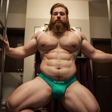 Man, bright ginger long hair. College jock. strong fat bacchanalian body. Peter griffin like body. Massive beer belly. Cute beard stubble. Gay. Tight polyester full body clothing. Small jockstrap. Big puffy chest and nipples trapped tightly under clothing....