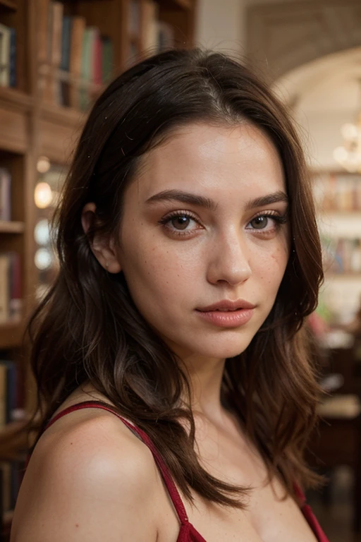 ((best quality)), ((masterpiece)), (detailed), perfect face realistic photo of beautiful woman with long dark brown hair, Russian, influencer, light freckles, dark brown eyes, big lips, no makeup, instagram, in a library, wearing thight red dress