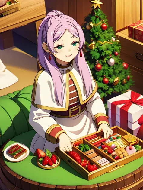 cute smile face、sitting in a jewelry box、lots of treasures, treasure chest and sweets、christmas cake、strawberry cake、christmas t...