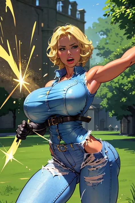 (((1 girl,  Cute, (huge-breasted:1.2), Sleeveless denim jacket, White lace bra, jeans, Black Elbow Gloves, blond, Short hair, Curly hair,  side parted hair, blue iron hair))), 
Dynamic Poses, Realistic style, depicting a group of characters in various acti...