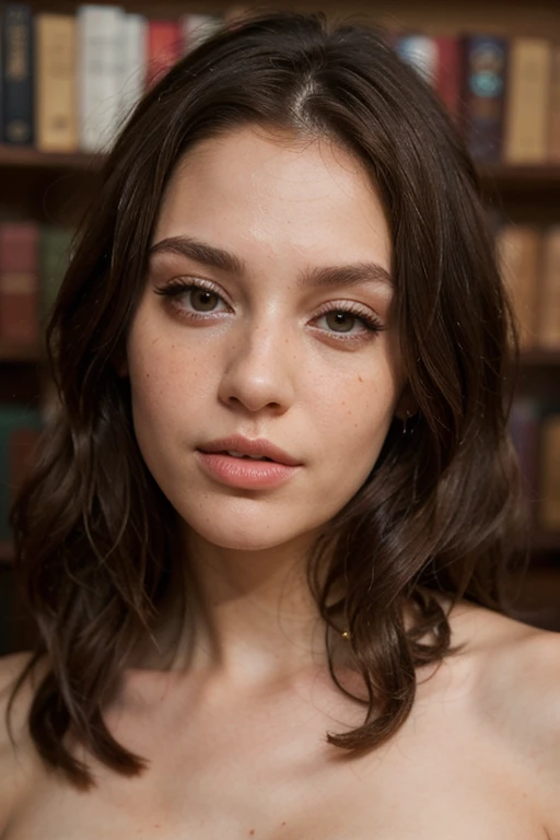 ((best quality)), ((masterpiece)), (detailed), perfect face realistic photo of beautiful woman with long dark brown hair, Russian, influencer, light freckles, dark brown eyes, big lips, no makeup, instagram, in a library, wearing thight red dress