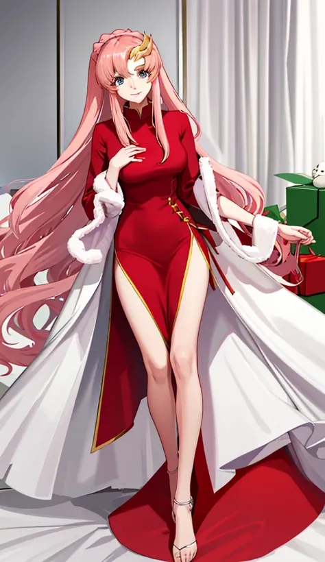 have her dressed as Santa Claus and delivering a gift to the viewer, master piece, melhor qualidade, Altas, anime, Lacus1, 1girl, sozinho, Lacus1, 1girl, sozinho, cabelo rosa, Cabelos lisos, ornamento de cabelo, mangas brancas destacadas, olhos azuis, vest...