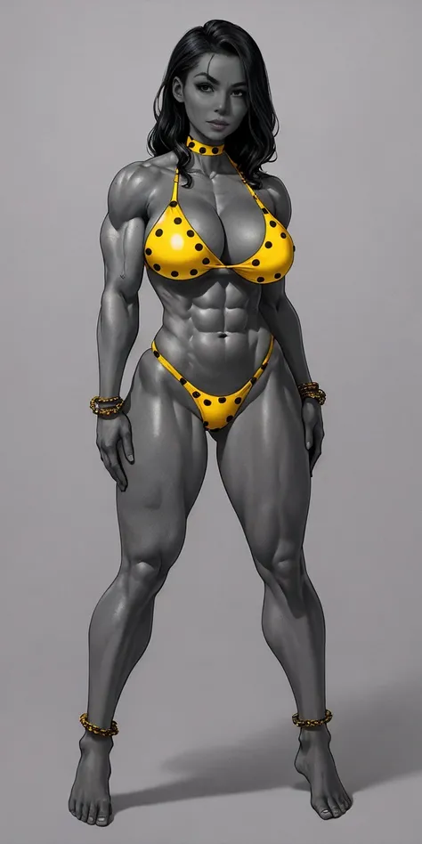 full body barefoot, perfect hair, perfect body, looking at the viewer, standing, posing, mature female, very grey skin, muscular body, female oni, big breast, black chocker, slave chains, (((grey skin))), (detailed yellow bikini with tiger dots)