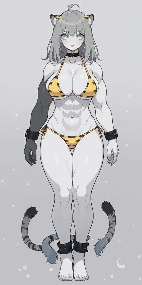 perfect hair, perfect body, looking at the viewer, standing, posing, mature female, very grey skin, muscular body, female oni, big breast, black chocker, slave chains, (((grey skin))), (detailed yellow bikini with tiger dots)