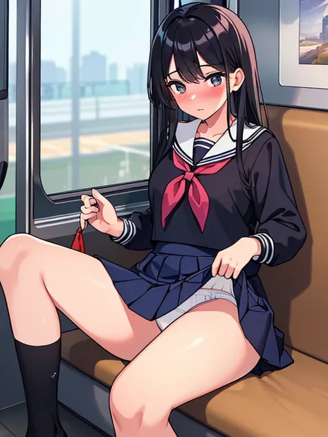 (masterpiece, top quality, best quality, detailed and complex depictions, beautiful and aesthetic:1.2), colorful, perfect body, 1girl, solo, school uniform,serafuku,pleated skirt,blue skirt, black socks,skirt lift,white panties, blush, black hair, long hai...