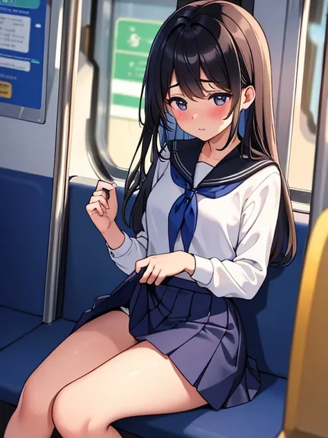 (masterpiece, top quality, best quality, detailed and complex depictions, beautiful and aesthetic:1.2), colorful, perfect body, 1girl, solo, school uniform,serafuku,pleated skirt,blue skirt, black socks,skirt lift,white panties, blush, black hair, long hai...