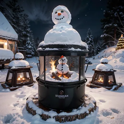 Craft a hyper-realistic Christmas scene in a snowy wilderness camp at night. Showcase cast iron cookware by a lifelike campfire, illuminated naturally against the snowy backdrop and starry sky. Include a detailed snowman dressed for the holidays, seamlessl...