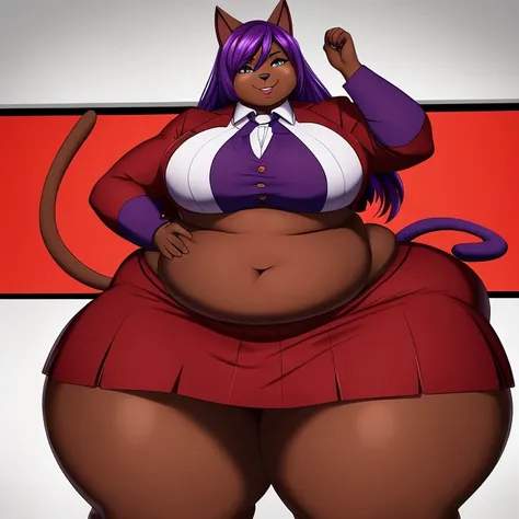 Anthro, furry, cat girl, purple hair, dark skin, dark skinned female, ((red business suit)), purple cat ears, ussbbw, insanely inflated hips, insanely inflated belly, ussbbw weight gain, obese, insanely inflated thighs, fat rolls, fat arms, fat legs, tall,...