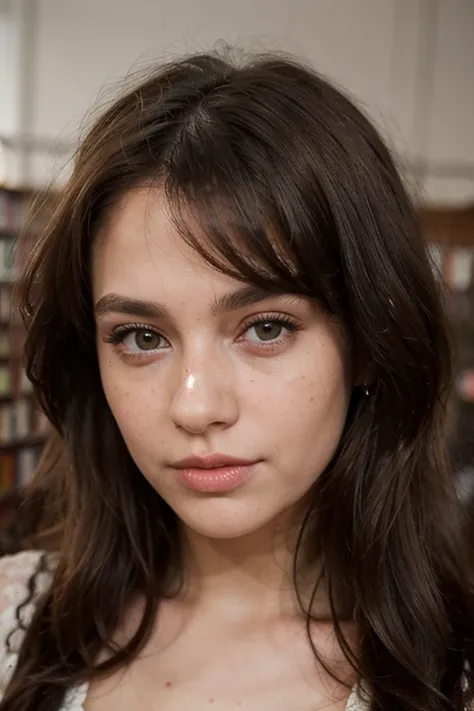 ((best quality)), ((masterpiece)), (detailed), perfect face realistic photo of beautiful woman with long dark brown hair, Russian, influencer, light freckles, dark brown eyes, big lips, no makeup, instagram, in a library, wearing thight lace dress