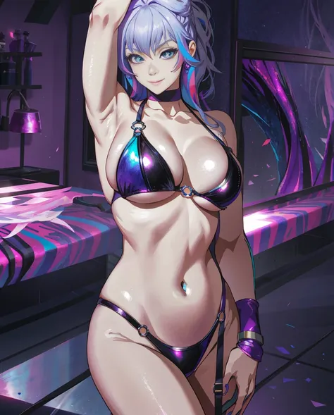 tmasterpiece, Best quality at best, A high resolution, Evelyn1, 1个Giant Breast Girl, Alone, whaite hair, K/big breasts and big breasts (league of legend), Colorful hair, eBlue eyes, trendy hair, , busty figure, micro biKini, ssmile, Permanent