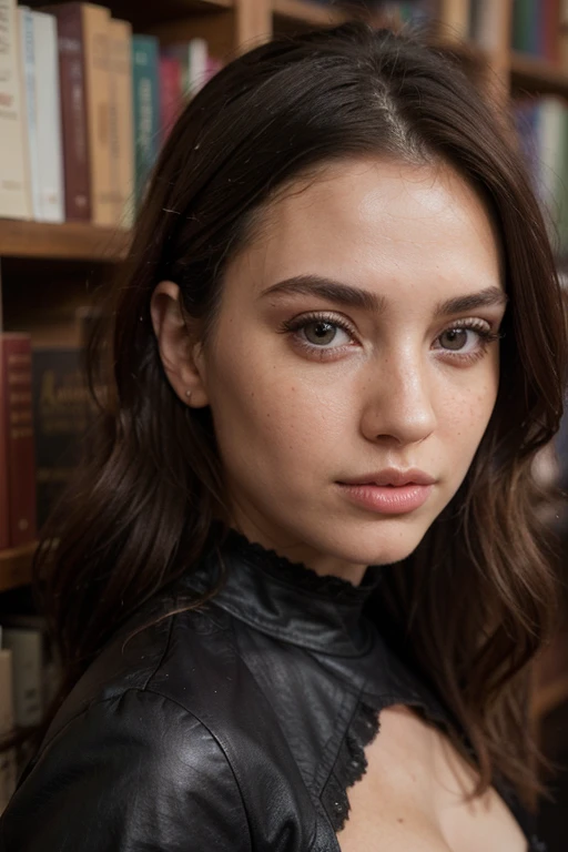 ((best quality)), ((masterpiece)), (detailed), perfect face realistic photo of beautiful woman with long dark brown hair, Russian, influencer, light freckles, dark brown eyes, big lips, no makeup, instagram, in a library, wearing thight leather dress