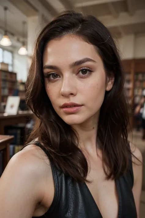 ((best quality)), ((masterpiece)), (detailed), perfect face realistic photo of beautiful woman with long dark brown hair, Russian, influencer, light freckles, dark brown eyes, big lips, no makeup, instagram, in a library, wearing thight leather dress