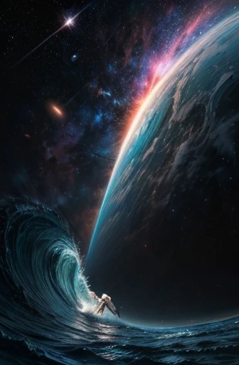 full body shot, Ein (((Astronaut surft))) auf einem Surfbrett durch die Galaxie, nebula which is roughly in the shape of a wave, Surfen im tunnel der nebula in der Mitte, mit lebendigen Farben und eine faszinierenden epischen nebula, kein wasser, powers co...