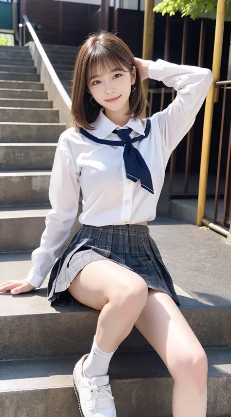 ((1womanl、FULL BODYSHOT、Photograph the entire model))、(perfect female anatomy)、Black eyes、Korean School Uniform、Summer School Uniform Shirts、Ribbon tie、Plaid mini skirt、Light brown hair、stairs at school、stairs at schoolを下りる瞬間、Chest thrusting pose、Pose to s...