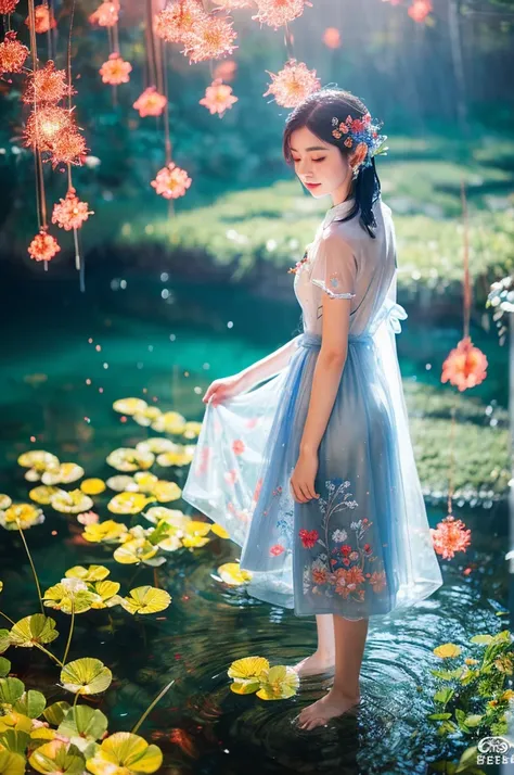 The most beautiful Thai women with very white skin. Long straight blue-white hair Wearing a beautiful gauze dress with a Chinese tattoo pattern.. a dragon, transparent flower, Standing against a tree in the middle of a stream, beautiful and exquisite, Full...