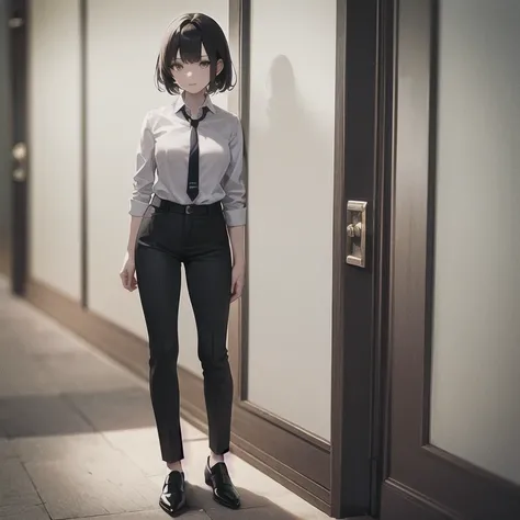 masterpiece, best quality, 1girl, solo, mature female, straight hair, short hair, dark hair, dark eyes, collared shirt, white shirt, necktie, black tie, black pants, standing, looking at viewer, scared