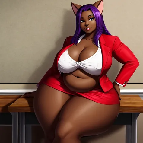 1girl, solo, Anthro, furry, cat girl, purple hair, ((dark skin)), ((dark skinned female)), ((red business suit)), cat ears, ((ussbbw)), ((insanely inflated hips)), ((insanely inflated belly)), ((ussbbw weight gain)), ((obese)), ((insanely inflated thighs))...