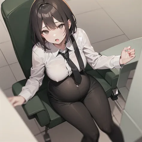 masterpiece, best quality, 1girl, solo, mature female, tomboy, straight hair, short hair, dark hair, dark eyes, pregnant, collared shirt, white shirt, necktie, black tie, black pants, office, :o, looking at stomach, sitting, chair