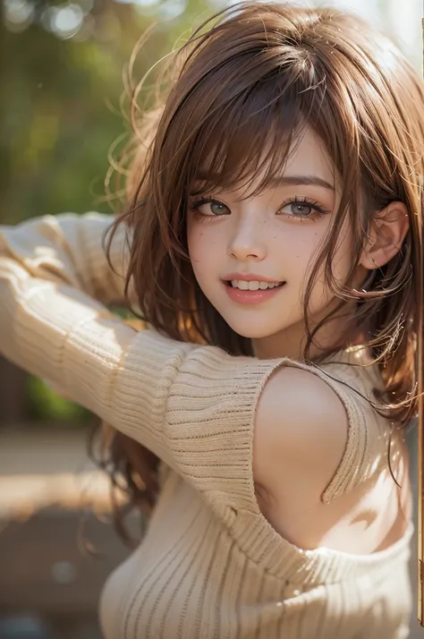 Best quality at best, 超k hd, (realisticlying:1.4),Sunset sun, 1个Giant Breast Girl, (Realistic face), freckle ,(brunette color hair, short detailed hair: 1.ony tails, realisticlying的眼睛, (realisticlying的皮肤), (Sweaters), detailed photograph, Smiling, sexy for...