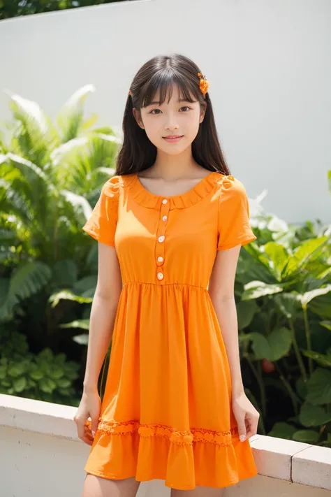 early summer、a beauty girl、sixteen years old、Open your mouth a little、short sleeve orange summer dress、