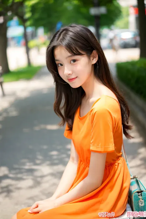 early summer、a beauty girl、sixteen years old、Open your mouth a little、short sleeve orange summer dress、