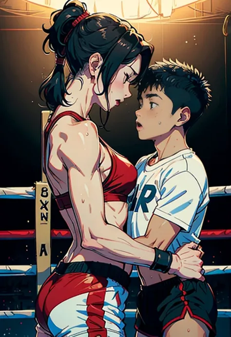 ippo Makanaochi, 9 years old, boy box fighter, anime Hajime no Ippo, sexy MOM and Son couple having sexual education  into the ring, (original) , mom busty and tall perfect legs perfect ass, (very detailed wallpaper) , (best quality) , (masterpiece) , phot...