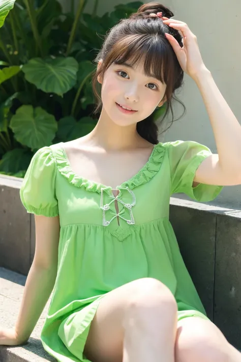 early summer、a beauty girl、18year old、Open your mouth a little、Pale green summer dress with short sleeves、