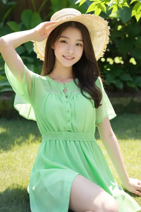 early summer、a beauty girl、18year old、Open your mouth a little、Pale green summer dress with short sleeves、