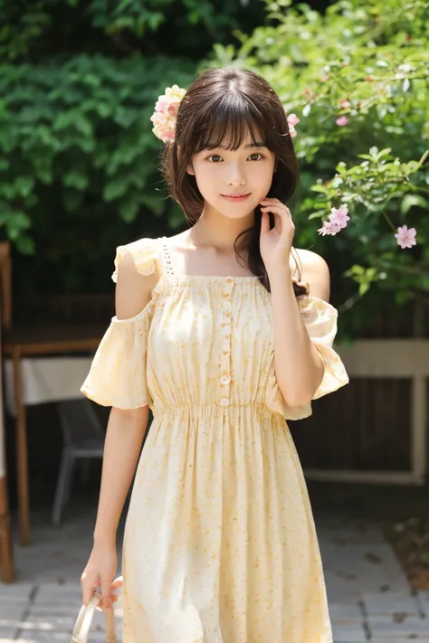 early summer、a beauty girl、18year old、Open your mouth a little、Beige summer dress with short sleeves、A dark-haired、